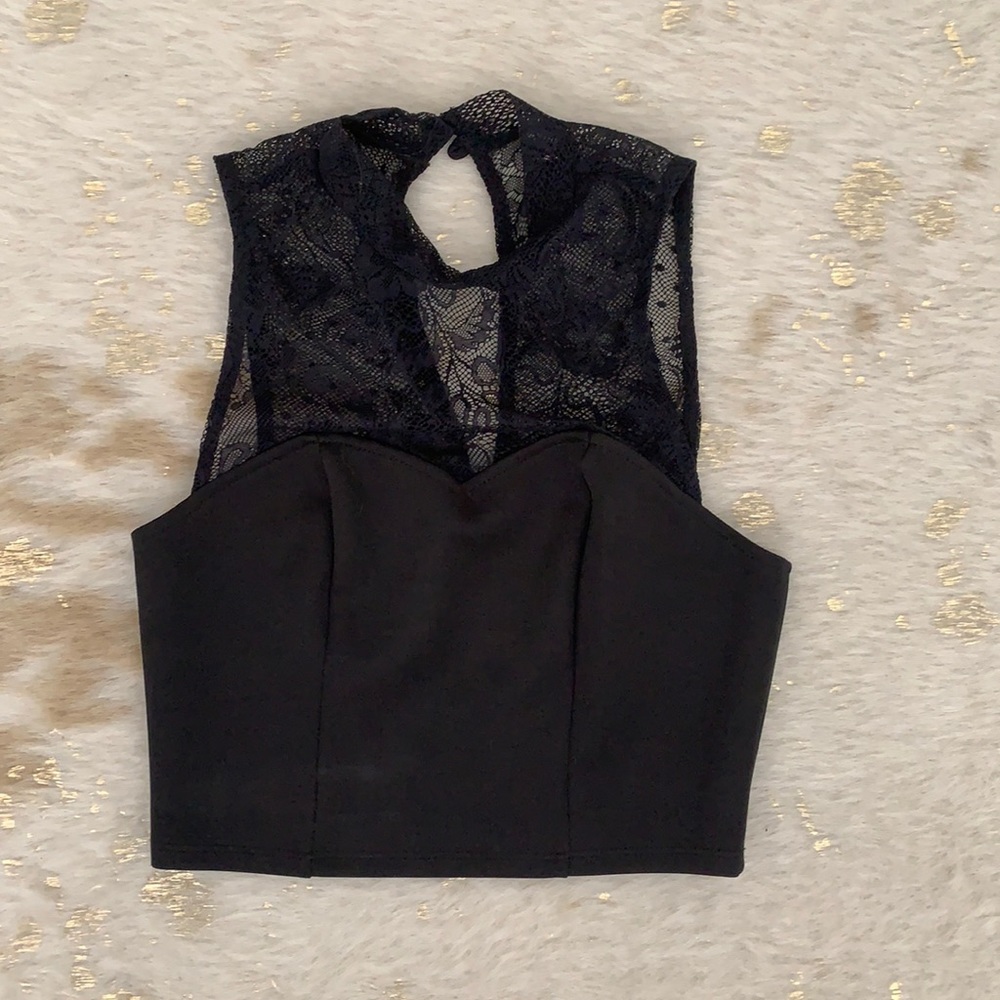 Fora Black Crop Top High Neck Lace